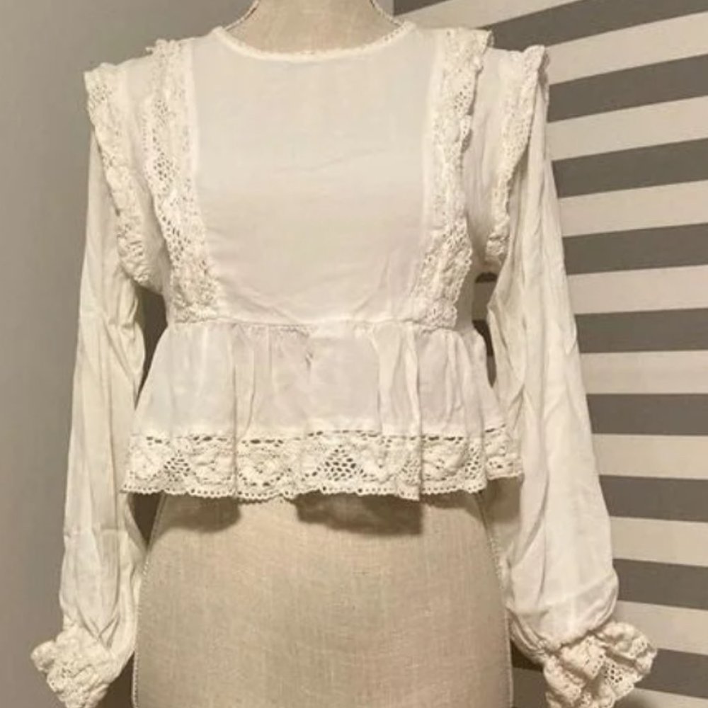 White Crochet Lace Balloon Sleeve Boho Crop Blouse Size Small